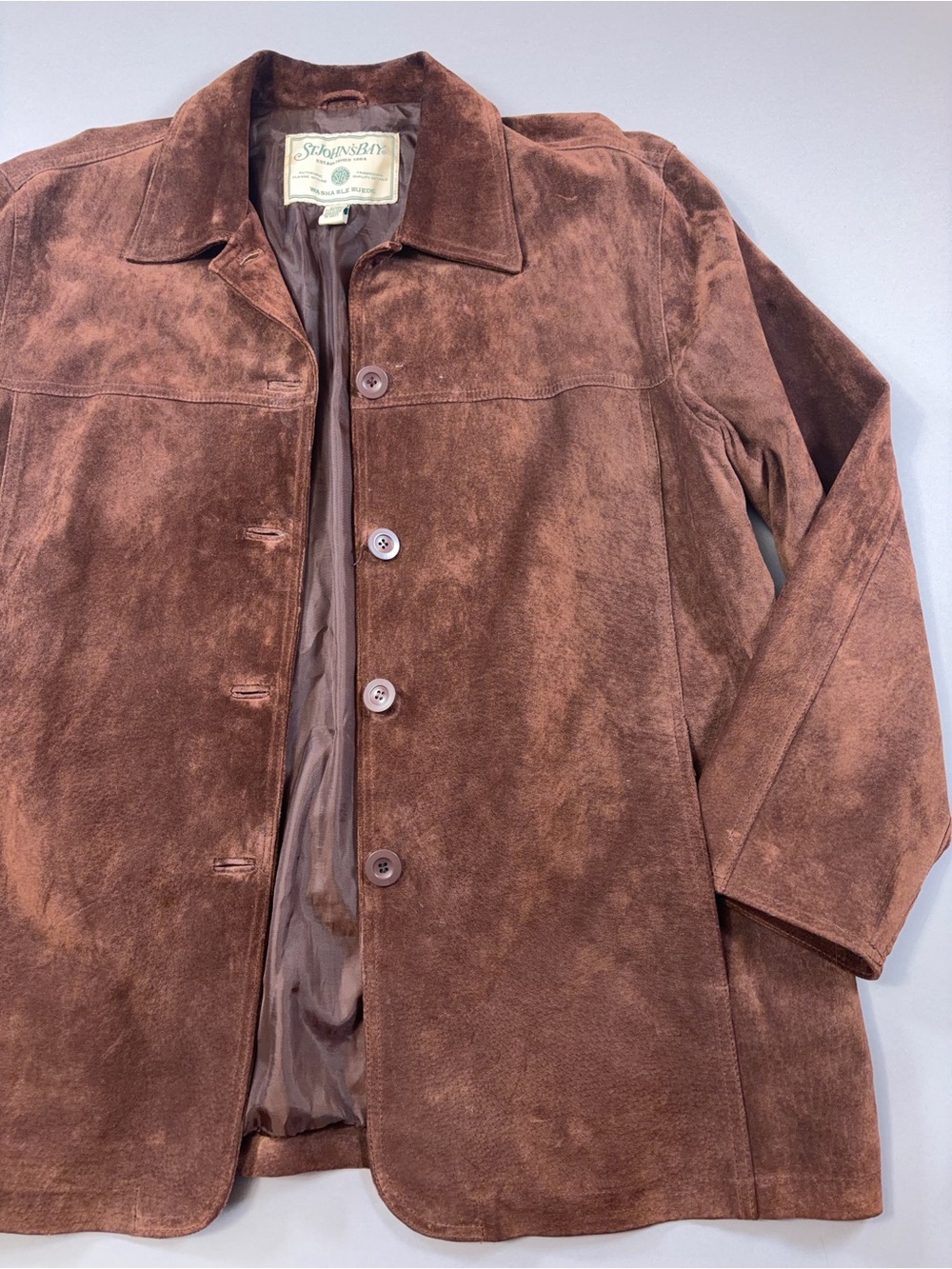 Vintage Y2K St. John’s Bay Brown Suede Leather Shirt Jacket Coat XL Washable
